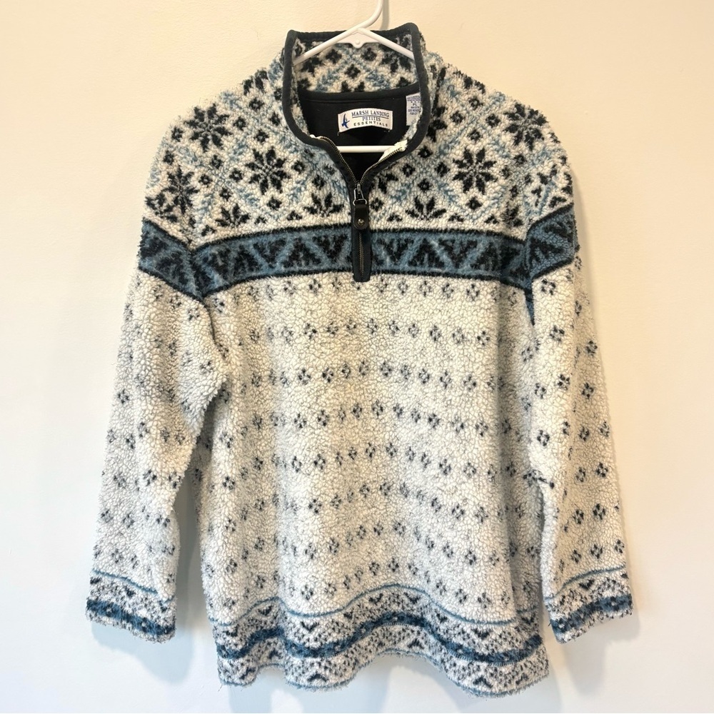 Marsh Landing Blue White 1/4 Zip Sherpa Fleece Sweatshirt Snowflake Fair Isle